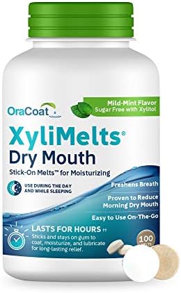 OraCoat XyliMelts Dry Mouth Relief Moisturizing Oral Adhering Discs Mild Mint with Xylitol, For Dry Mouth, Stimulates Saliva, Non-Acidic, Day and Night Use, Time Release for up to 8 Hours, 100 Count