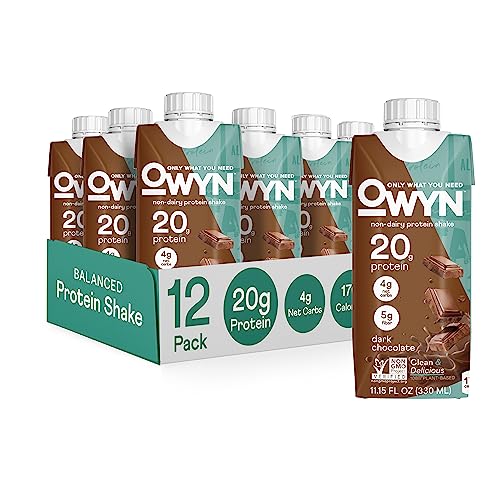 OWYN 20g Protein Shake, Chia Flax and Pea vegan protein blend with Prebiotics, Superfood Greens, gluten free, soy free. (Dark Chocolate, 12 Pack)