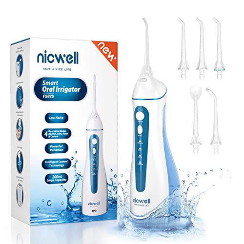 Water Dental Flosser Cordless for Teeth – Nicwell 4 Modes Dental Oral Irrigator, Portable and Rechargeable IPX7 Waterproof Powerful Battery Life Water Teeth Cleaner Picks for Home Travel