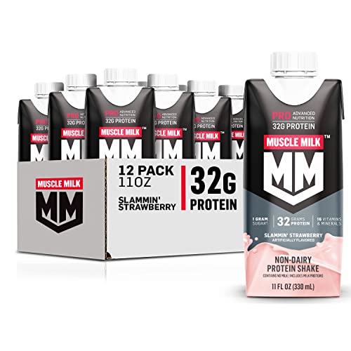 Muscle Milk Pro Advanced Nutrition Protein Shake, Slammin’ Strawberry, 11 Fl Oz Carton, 12 Pack, 32g Protein, 1g Sugar, 16 Vitamins & Minerals, 5g Fiber, Workout Recovery, Packaging May Vary