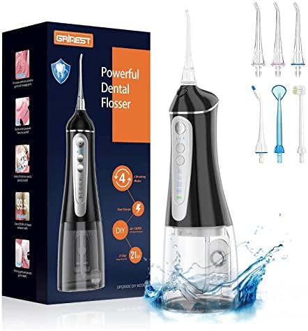 Water Dental Flosser Cordless for Teeth Cleaning: Dental Oral Irrigator 4 Modes 5 Jet Tips 320ML Rechargeable IPX 7 Waterproof Portable Teeth Cleaner Pick for Home Trave (Black)