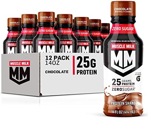 Muscle Milk Genuine Protein Shake, Chocolate, 14 Fl Oz Bottle, 12 Pack, 25g Protein, Zero Sugar, Calcium, Vitamins A, C & D, 6g Fiber, Energizing Snack, Workout Recovery, Packaging May Vary