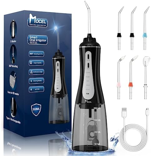 MOCEL Water Dental Flosser Oral Irrigator with 5 Modes, 350ml Cordless Water Teeth Cleaner Pick 6 Tips, IPX7 Waterproof Rechargeable Portable Powerful Battery for Travel & Home Braces & Bridges Care