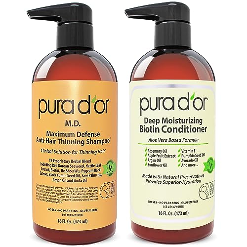 PURA D’OR Anti-Thinning Biotin Shampoo & Conditioner Set,Maximum Defense Coal-Tar DHT Blocker Hair Thickening Products For Women & Men,Daily Routine Shampoo For Scalp Health,Color Safe,16oz x 2