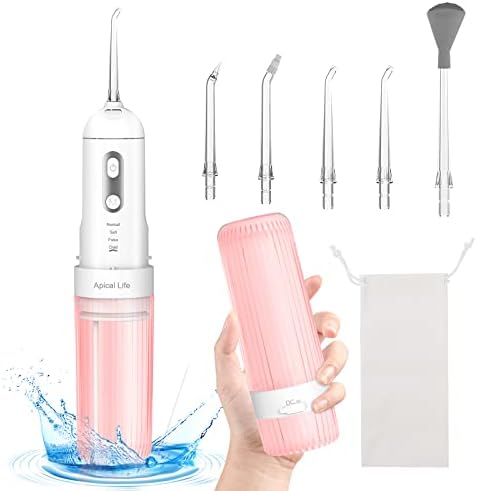 Water Dental Cordless Apical Life Water Flosser for Teeth Rechargeable Oral Irrigator 4 Cleaning modes with 5 Jet Tips IPX7 Powerful Battery for Teeth Cleaning Braces,Home,Travel(Pink)