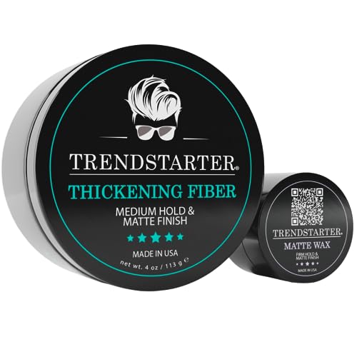 TRENDSTARTER – THICKENING FIBER (4oz) – Medium Hold – Matte Finish – Free Travel Size Samples Included While Supplies Last – Premium Hair Thickening Clay Pomade – Water-Based – All-Day Hold Styling Product – Launched Spring 2023