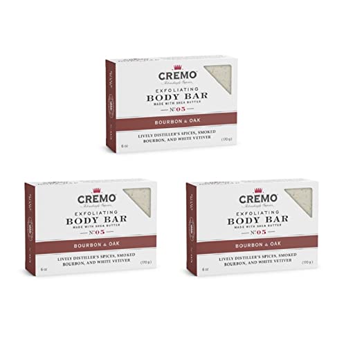 Cremo Bourbon & Oak Exfoliating Body Bars (3-Pack) – A Sophisticated Blend of Distiller’s Spice, Fine Bourbon and White Oak