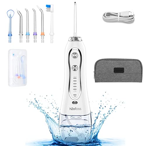 H2ofloss Water Flosser Portable Dental Oral Irrigator with 5 Modes, 6 Replaceable Jet Tips, Rechargeable Waterproof Teeth Cleaner for Home and Travel -300ml Detachable Reservoir (HF-6)