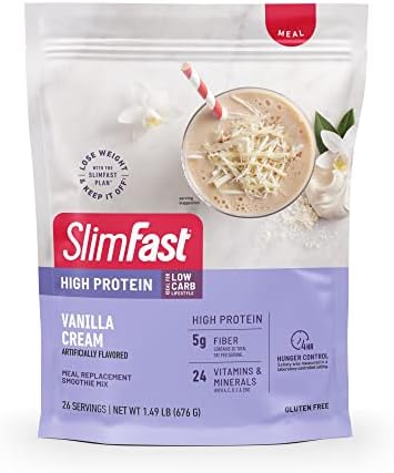 SlimFast High Protein Meal Replacment Powder, 26 Servings, Advanced Nutrition Smoothie Mix with Vitamin and Mineral Blend, Gluten Free, Vanilla Cream, 1.53 Pounds