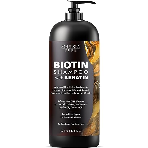 SOULSPA PURE Biotin Shampoo with Keratin – Advanced Anti-Thinning, Hair Growth & Repair Formula – Soothes Scalp, with Tea Tree Oil & DHT Blockers – Strong, Healthy Hair for Men & Women, 16 fl oz