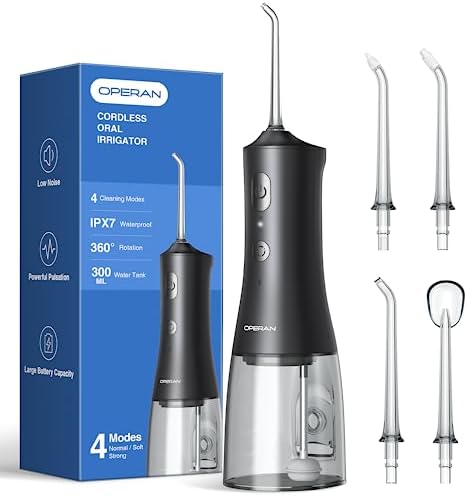 Water Flossers for Teeth Cleaning Operan Upgraded 300ml Cordless Water Flosser Portable Rechargeable Oral Irrigator with 4 Modes 4 Jet Tips IPX7 Waterproof Water Dental Flosser for Home Travel (Black)