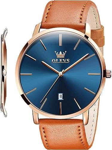 OLEVS Mens Watches Minimalist Ultra Thin Fashion Casual Analog Quartz Date Watch Waterproof Slim Simple Big Face Dress Wrist Watch with Retro Leather Band for Men