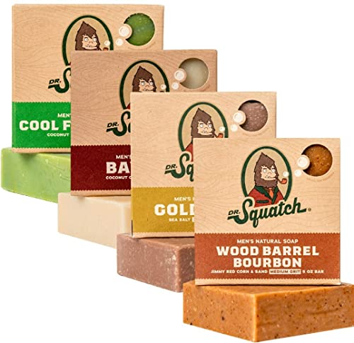 Dr. Squatch Men’s Soap Variety 4 Pack – Wood Barrel Bourbon, Gold Moss, Bay Rum, Cool Fresh Aloe