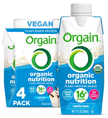 Orgain Organic Nutritional Vegan Protein Shake, Vanilla Bean – 16g Plant Based Protein, Meal Replacement, 21 Vitamins & Minerals, Gluten & Soy Free, 11 Fl Oz (Pack of 4) (Packaging May Vary)