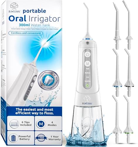 High-Power Cordless Water Flosser for Teeth Cleaning: IPX7 Waterproof Oral Irrigator with 4 Cleaning Modes, Including Sensitive Mode for Gentle Gums – Rechargeable 6 replacement tips included