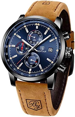 BENYAR Mens Watches Chronograph Analog Quartz Watch Silver Black Stainless Steel Watch for Men Stylish Business Sports 30M Waterproof Blue Wristwatch Elegant Gift Brown Leather Strap