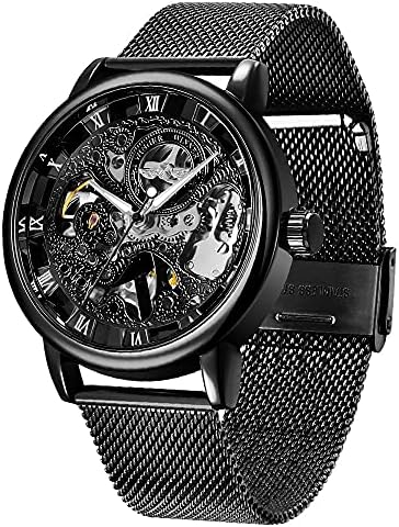 Men’s Skeleton Mechanical Roman Numeral Mesh Strap Watch, Hand Winding Mechanical Mesh Luminous Waterproof Watch for Men