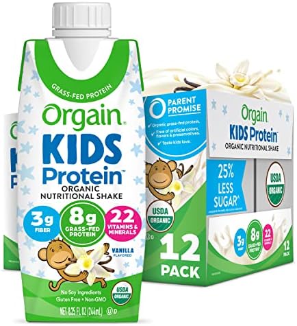 Orgain Organic Kids Nutritional Protein Shake, Vanilla – Kids Snacks with 8g Dairy Protein, 22 Vitamins & Minerals, Fruits & Vegetables, Gluten Free, Soy Free, Non GMO, 8.25 Fl Oz (Pack of 12)