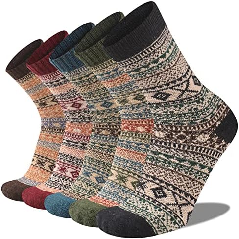 Heatuff Mens Warm Wool Socks Thermal Winter Thick Crew Pattern Socks Cold Weather 5 Pairs