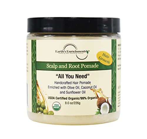 Earth’s Enrichments Organic Pomade – Hair Food for Growth, Contains Tea Tree, Rosemary, Lavender Oil, Natural Grease for Thick, Straight, Curly, Wavy, Thin Hair, Women, Men, Kids, USDA, 8oz