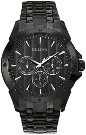 Bulova Men’s Classic Dress 6-Hand Multi-Function Day/Date Quartz Watch, Black Patterned Dial, 43mm