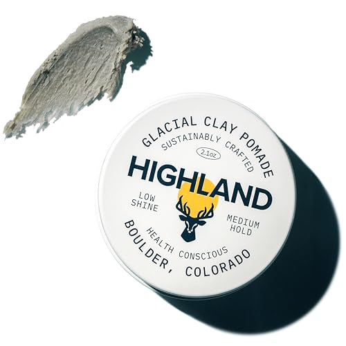 Highland Glacial Hair Clay Pomade – Award winning hair styling clay for men and women made with 100% all natural and organic ingredients that promote hair and scalp health. Low shine, Medium Hold.