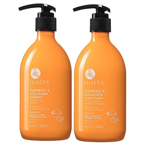 Luseta Shampoo and Conditioner Set for Hair Growth with Turmeric & Collagen, Hair Thickening Volumizing Shampoo for Thin or Oil Hair, Sulfate and Parabens Free 2×16.9Oz