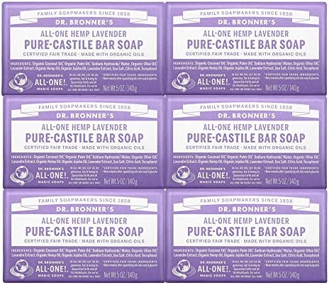 Dr. Bronner’s – Pure-Castile Bar Soap (Lavender, 5 ounce, 6-Pack) – Made with Organic Oils, For Face, Body and Hair, Gentle and Moisturizing, Biodegradable, Vegan, Cruelty-free, Non-GMO