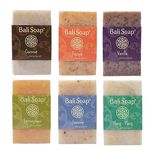 Bali Soap – Green Collection – Natural Soap Bar Gift Set, Face Soap or Body Soap, 6 pc Variety Soap Pack (Coconut, Papaya, Vanilla, Lemongrass, Jasmine, Ylang-Ylang) 3.5 Oz each