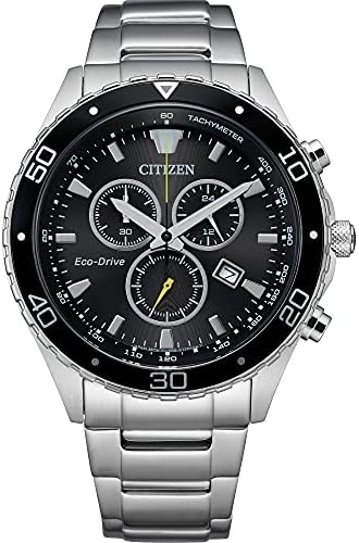 Citizen Men’s Eco-Drive Weekender Chronograph Watch in Silver-tone Stainless Steel, Black Dial (Model: AT2387-52E)