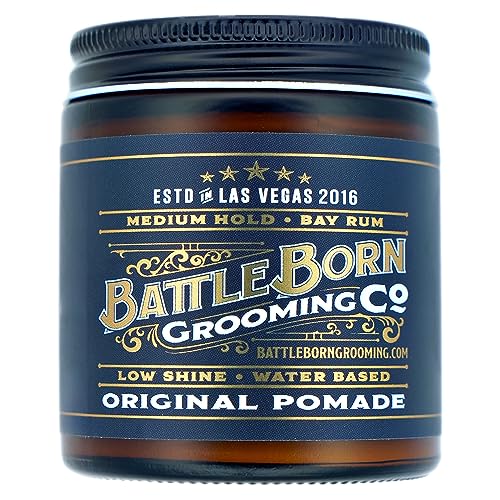 Battle Born Grooming Co Original Pomade for All Hair Types, Bay Rum, 4 oz., Medium Hold, Low Shine, Natural Ingredients, Water Based