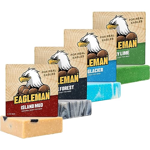 EAGLEMAN Natural Soap Bar for Men – 5 oz | Cold Process Soap Made from Natural Oils | No Harsh Chemicals | Moisturizing Cleanser | Island Mud + Black Forest + Cool Glacier + Juicy Lime (4 Pack)