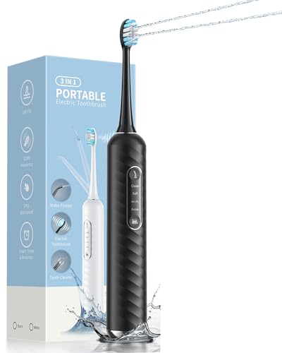 Duolosy Electric Toothbrush with Water Flosser,Flossing Toothbrush Portable for Travel and Home, 10 Piece Set, Black