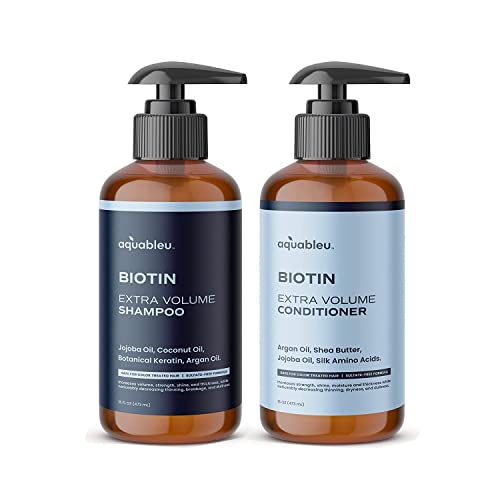 Aquableu Biotin Volumizing Shampoo & Conditioner Set – Natural Thickening & Volume For Thicker Fuller Hair – Promotes Healthy Hair Growth – Includes Coconut, Keratin, Argan & Jojoba Oil – Sulfate Free