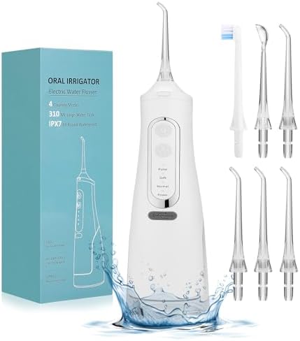 Cordless Water Flosser Water Picks for Teeth Cleaning and Flossing IPX7 Waterproof Waterpicks Power Dental Flossers Pick 4 Jet Tips and 4 Pressure Levels, 310ML Large Water Tank with Family Travel