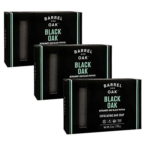 Barrel and Oak – Exfoliating Bar Soap, Men’s Soap Bar, Natural Exfoliator, Deep Cleans Pores & Removes Dead Skin, Certified Sustainable Palm Oil, Charcoal Powder, & Olive Stone (Black Oak, 6 oz, 3-Pack)