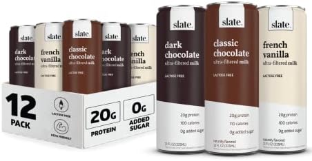 Slate Milk – High Protein Shake, Core Variety Pack, Classic Chocolate, Dark Chocolate, French Vanilla, 20g Protein, 0g Added Sugar, Lactose Free, Keto, All Natural (11 oz, 12-Pack)