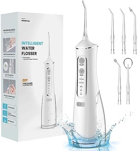 Water Flosser,Water Flosser Cordless,Uthvouxy Portable Dental Flossers with 4 Modes 5 Tips,Dental Care,Waterproof Oral Irrigator Rechargeable Powerful Teeth Oral Cleaner for Home & Travel-White