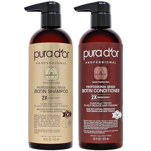 PURA D’OR Professional Grade Biotin Anti-Hair Thinning Shampoo & Conditioner, CLINICALLY TESTED Proven Results, 2X Concentrated DHT Blocker Thickening Products For Women & Men, Sulfate Free, 16oz x 2