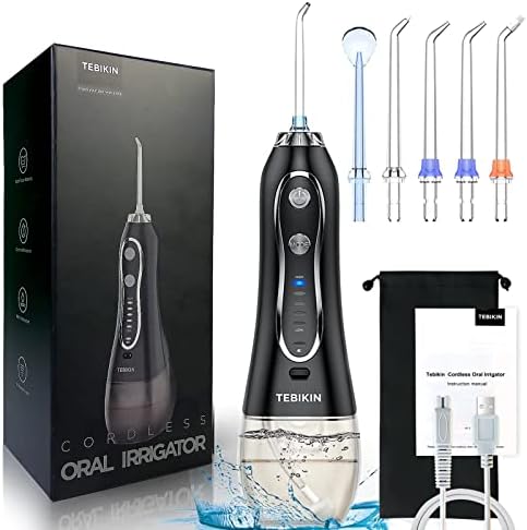 TEBIKIN Portable Cordless Water Dental Flosser, 5 Modes 5 Jet Tips Oral Water Flossers for Teeth Cleaning, IPX7 Waterproof 2500mAh Rechargeable 300ml Water Tank for Family Travel