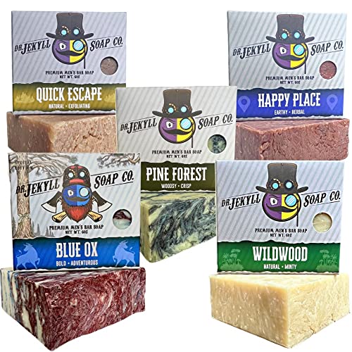 Dr. Jekyll Soap Co. Lost in the Woods 5 Bar Variety Pack – Quality Men’s Bar Soap, Masculine Scents, No Harmful Chemicals – Aloe & Jojoba Oil – Natural and Organic Ingredients, Handcrafted in the USA