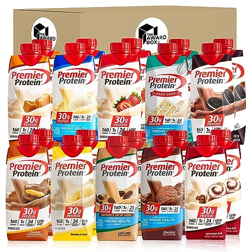 High Protein Shakes Variety Pack Sampler, 11 Fl. Oz Each – Cafe Latte, Chocolate, Vanilla, Caramel, Cake Batter, Chocolate Peanut Butter, Cinnamon, Banana, Strawberry, Cookies and Cream – 2 of Each Flavor (20 Pack) in The Award Box Packaging (10 Flavors)