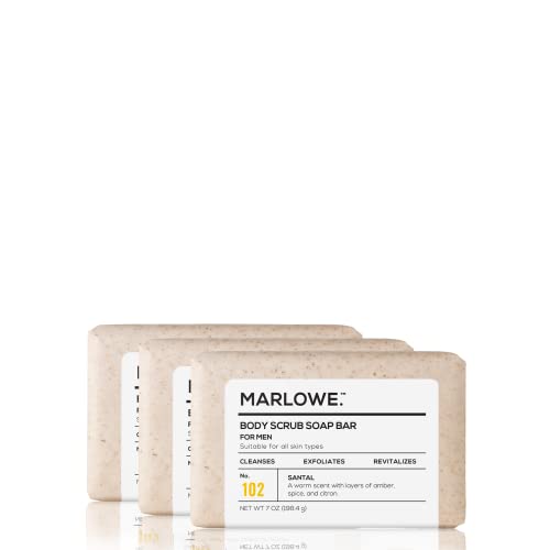 MARLOWE. No. 102 Men’s Body Scrub Soap 7 oz (3 Bars) Warm Santal Scent, Best Exfoliating Bar for Men, Made with Natural Ingredients, Apricot Seed Powder, Shea Butter, Olive Oil, Green Tea Extracts