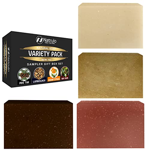 Men’s Natural Soap Variety Pack Sampler Gift Box, Set of 4 Handmade Soap Bars – Scented Bar Soap for Men Face & Body Wash, Manly Soaps Gift Set for Him – Pine Tar, Alpine Sage, Cedar Citrus, Bay Rum