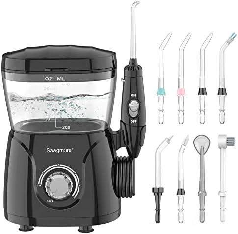 Sawgmore FC166 Water Flosser for Teeth/Braces, 600ml Large Capacity, 10 Adjustable Pressures,8 Home Nozzles Professional Oral Irrigator for Teeth Clean(Black)