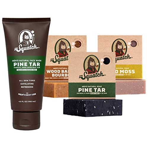 Dr. Squatch Men’s Face Wash and Bar Soap Bundle – Exfoliating Face Wash made with Natural Ingredients – Pine Tar Face Wash and Pine Tar Bar Soap, Wood Barrel Bourbon, and Gold Moss