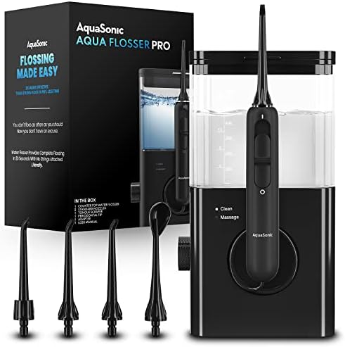 AquaSonic Aqua Flosser PRO | Professional Water Flosser with Large Capacity Reservoir | Oral Irrigator w/ 2 Modes, 10 levels of Water Pressure, 4 Included Tips | Sleek & Compact | Dentist Recommended