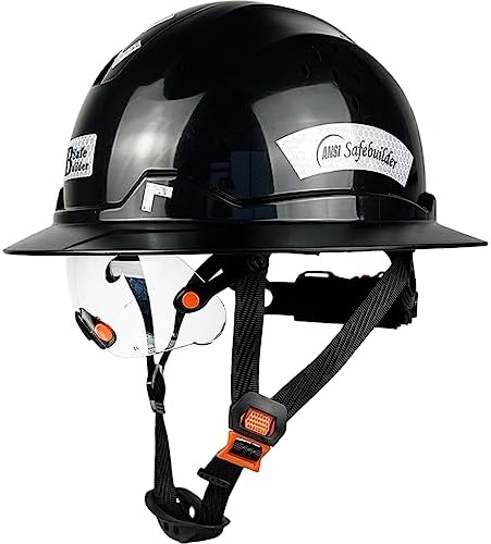 SAFEBUILDER SBD-G1+V Construction Full Brim Hard Hat with Build-in Visor HDPE Safety Helmet Vented Approved Hardhats for Big Head Work Head Protection for Men Certified ANSI/ISEA Z89.1