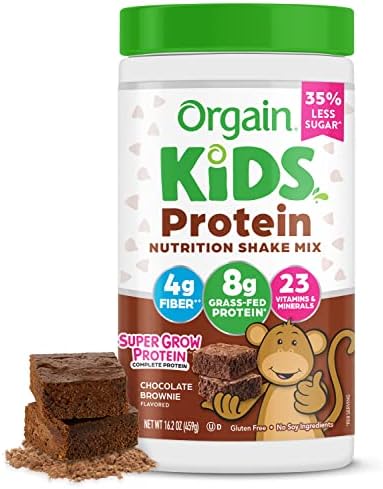 Orgain Kids Protein Powder Shake Mix, Chocolate Brownie – 8g Dairy Protein, 23 Vitamins & Minerals, Fruit & Vegetable Blend, Gluten Free, No Soy Ingredients, Add Nutrients to Kids Snacks – 1lb