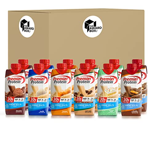 Premier Protein High Protein Shakes Variety Sampler Pack, 11 Fl. Oz Each – Cafe Latte, Chocolate, Vanilla, Caramel, Cake Batter, Chocolate Peanut Butter – 2 of Each Flavor (12 Pack) in The Award Box Packaging